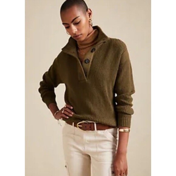 Banana Republic Sweater L Large Mock Neck Brown Cotton Blend Ribbed Knit - Picture 1 of 6